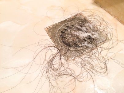 Shower drain clogged with hair