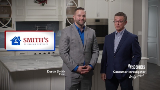 Andy Wise Standing in Kitchen with Smith's Plumbing Owner Dustin Smith